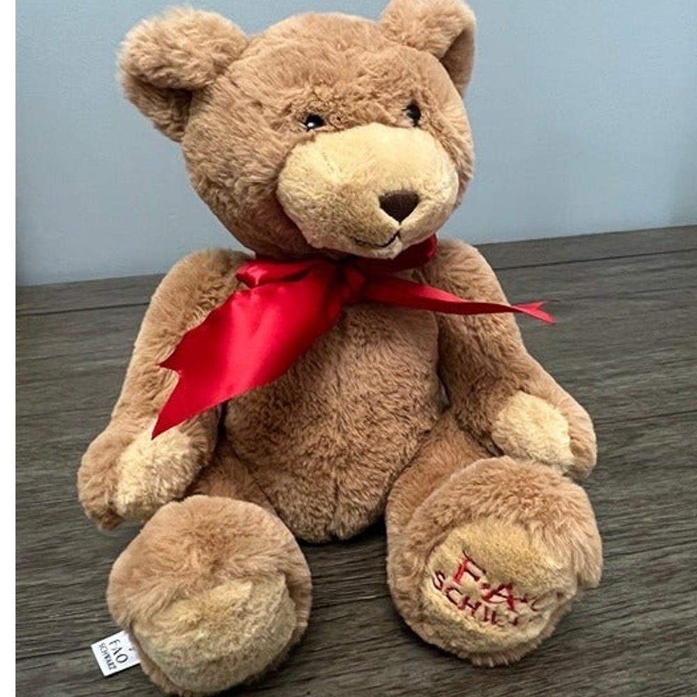 FAO Schwarz Teddy Bear Plush Tan Stuffed Animal Red Bow Logo Foot Metal Button